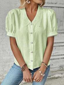 Camisa casual de mujer de manga corta con encaje de contraste - Verde - Ver 6