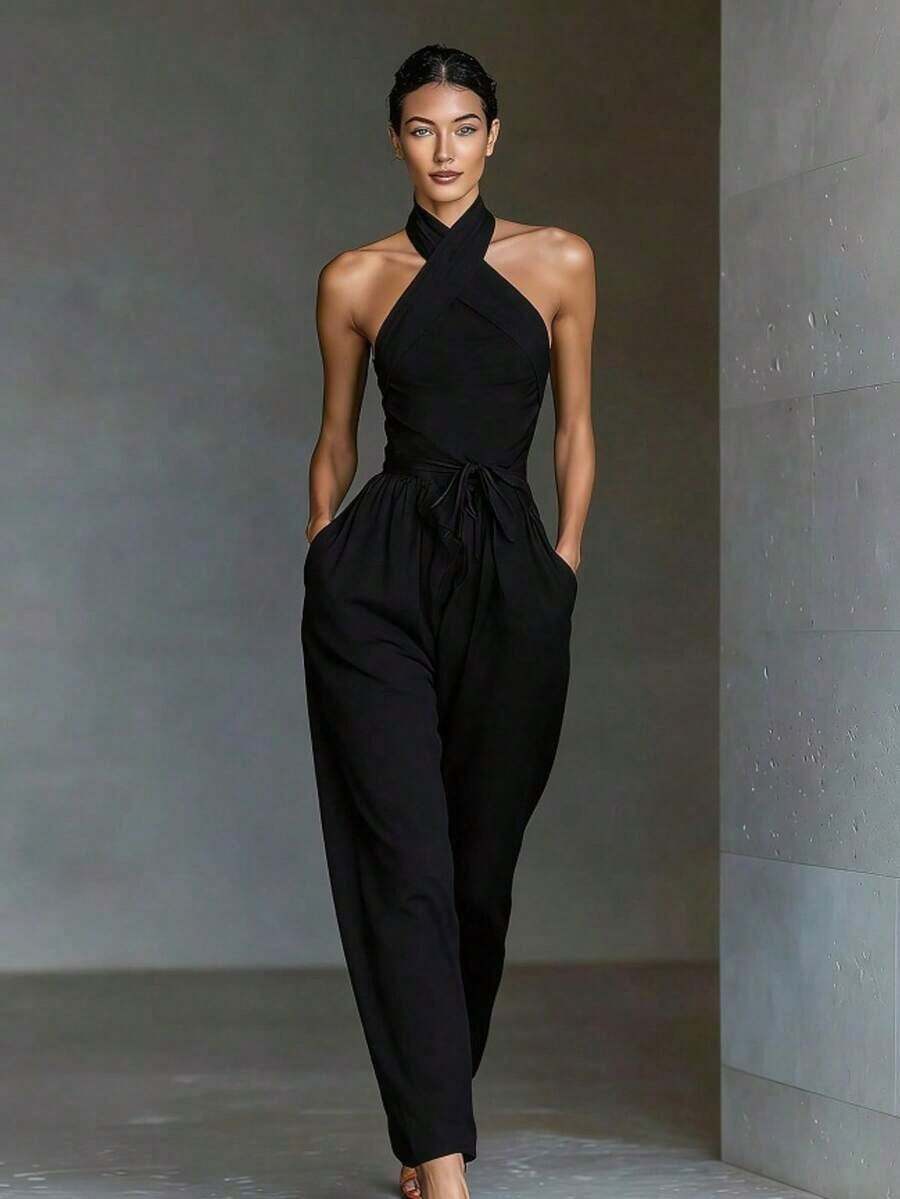 Mono pantalón amplio de lino de moda mujer europeo, tirantes cruzados, cordón ajustable, corte favorecedor y casual elegante - Negro - Ver 1