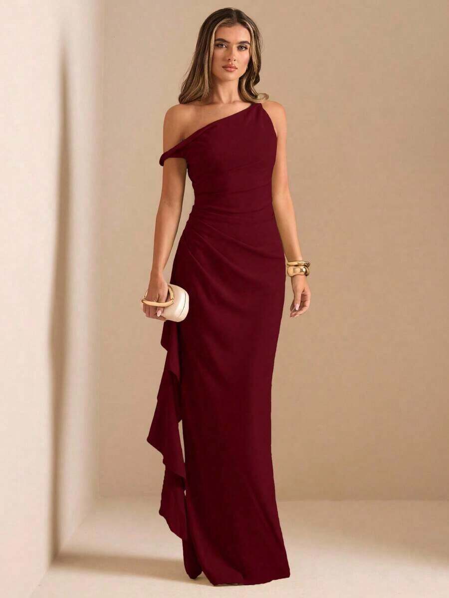 de dama de honor de otoño/invierno, vestido largo elegante con pliegues, abertura alta, volantes y hombros oblicuos con nudo retorcido y sin tirantes, sexy para fiestas - Burdeos - Ver 1
