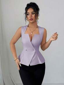 Blusa sin mangas con cuello plisado en forma de A para mujer, elegante y versátil, adecuada para ir al trabajo, vacaciones, citas, salidas, jardín, reuniones familiares, Día del Trabajo, días festivos, Día de la Independencia, vuelta al cole - Púrpura malva - Ver 3
