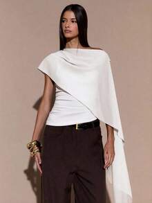 Blusa de punto con cuello anudado y hombro asimétrico, suéter elegante y ajustado, otoño/invierno - Blanco - Ver 3