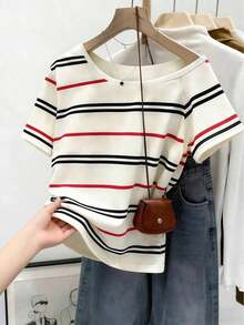 Camiseta casual de mujer con cuello redondo, manga corta, a rayas y plisada - Blanco 4 - Ver 3