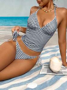 Swim Mod Conjunto de bikini a cuadros de cereza dulce - Negro - Ver 4