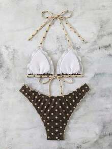 Conjunto de bikini de dos piezas con estampado de lunares, camiseta con lazo sexy y traje de baño para vacaciones en la playa para mujer - Marrón - Ver 2