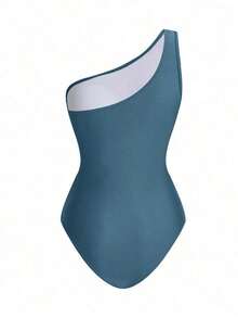 Traje de baño de una pieza de unicolor, asimétrico en el hombro, de moda para el verano y la playa, de estilo minimalista - Niebla azul - Ver 5