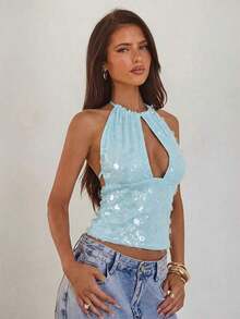 Nuevo camisol de tirantes finos con espalda descubierta y lentejuelas rosas para mujer, elegante y sexy, ideal para el Día de San Valentín, fiestas y viajes - Celeste - Ver 3