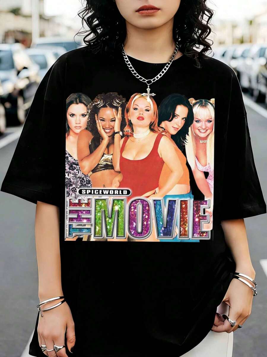 S-SpiceS Girls' Spiceworld The Movie T-Shirt, Graphic T-Shirt With Glittery Text, Streetwear For 90s Pop Fans - Black - View 1
