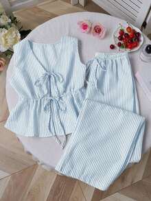 Set de 2 piezas: Pantalones rectos con cordones y rayas, estilo callejero para mujer, verano - Azul - Ver 1