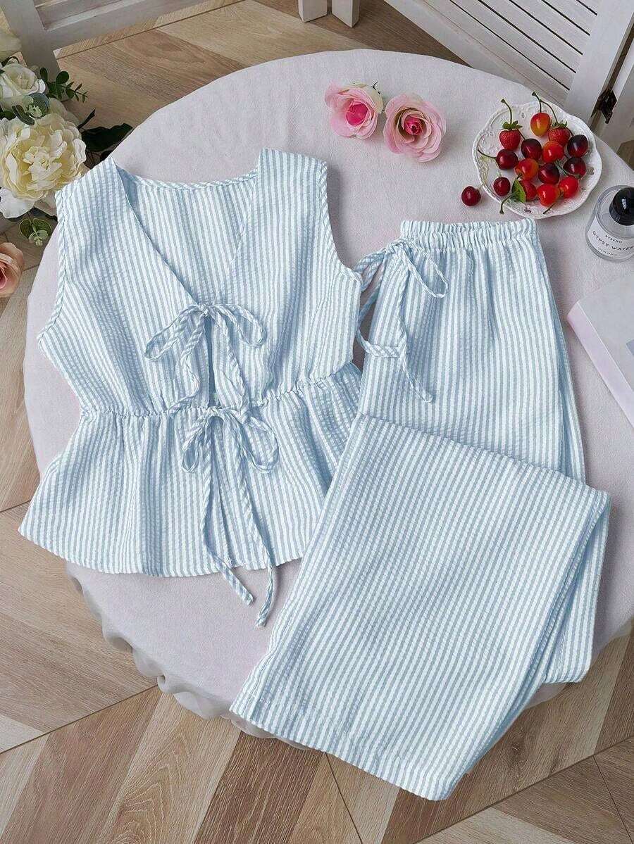 Set de 2 piezas: Pantalones rectos con cordones y rayas, estilo callejero para mujer, verano - Azul - Ver 1