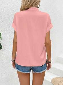 Blusa casual de verano de unicolor con botones delanteros y mangas cortas para uso diario - Rosa - Ver 2