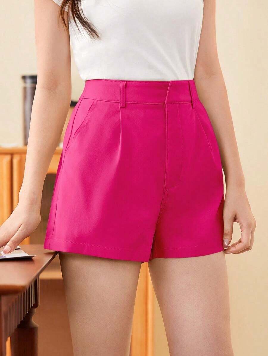 Shorts diarios tejidos de unicolor para mujer, sencillos - Rosa Fucsia - Ver 1