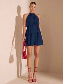 Vestido corto de gasa rojo sólido con hojas de loto en cascada, apropiado para citas diarias, salidas nocturnas, discotecas, fiestas, reuniones, fiestas de cócteles, fiestas de piscina, ropa de vuelta al colegio, vestidos de temporada escolar, vestidos de vacaciones, faldas tutú - Granate - Ver 11