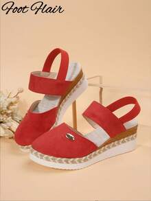 Foot Flair Sandal Wanita Ukuran Plus, Ujung Tertutup, Tanpa Bagian Belakang, Sol Tali Merah, Gaya Liburan Pantai, Mode Musim Semi/Panas, Sandal Wedges Serbaguna, Nyaman, Sol Tebal - Merah - View 7