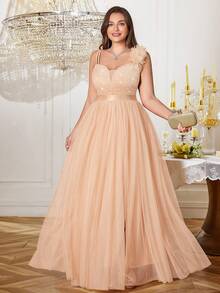 Plus Deep V-Neck Sequin Floral Lace Spaghetti Straps 3D Flower Contrast Mesh Ruched Split Thigh Hem Formal Party Long Dress, Wedding Guest Gown - Champagne - View 6