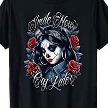 Smile Now, Cry Later - Latina Clown Tattoo Design T-Shirt - Mexican Folk Art With Skull, Catrina, Sugar Skull Design And Spanish Text - Unisex Black T-Shirt For Men And Women, Day Of The Dead Party Outfit - 黑色 - 查看 6
