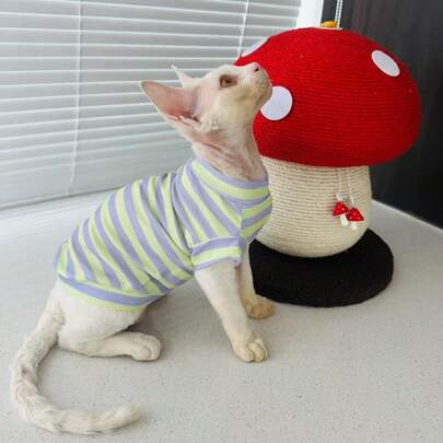 Sphynx Cat Clothes, Fluorescent Yellow & Purple Stripe Vest, Breathable Lightweight Summer Pet Shirt