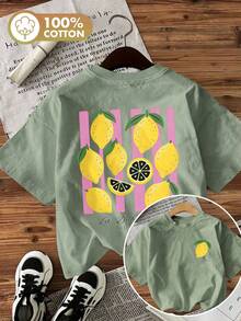 Spring/Summer Loose Fit 100% Cotton Women's Short Sleeve T-Shirt, Fun Striped Fresh Lemon Print, Solid Color Crew Neck, Soft And Comfortable - Bean Green - View 7