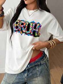 Women's T-Shirt With "BRUH" Graffiti Style, Standard Fit, Urban Graphic, Short Sleeve With Round Neck, Ideal For Streetwear And Everyday Wear - 黑色 - 查看 1