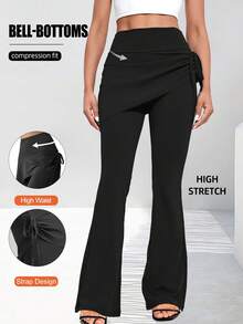 Quần legging yoga ống loe bất đối xứng mới, quần dài co giãn ôm sát tôn dáng với thiết kế nhún hông, quần ống loe cạp cao giúp kiểm soát vòng bụng, thích hợp cho trang phục thường ngày thanh lịch và các kỳ nghỉ, màu đen. - màu đen - Xem 5