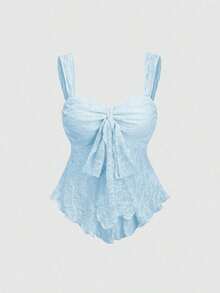 Top corto tipo tubo con lazo y estampado texturizado - Azul - Ver 7