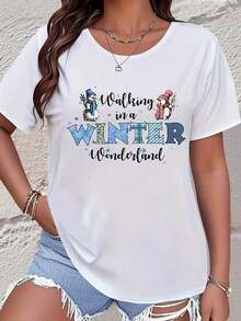Women's Short-Sleeved T-Shirt With A Snowman And Penguin Print Walking In A Winter Country, Casual Graphic T-Shirt For The Christmas Season, Urban Vintage Style, Unisex, Loose Cotton, Round Neck, Short Sleeve. - 白色 - 查看 1