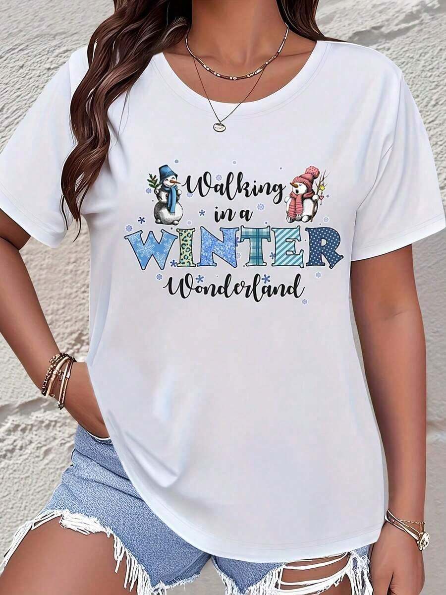 Women's Short-Sleeved T-Shirt With A Snowman And Penguin Print Walking In A Winter Country, Casual Graphic T-Shirt For The Christmas Season, Urban Vintage Style, Unisex, Loose Cotton, Round Neck, Short Sleeve. - 白色 - 查看 1