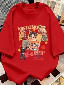 Y2K Retro Cat Poster Print Casual T-Shirt, Women's Short Sleeve Crew Neck Tee. A Must-Have For Cat Lovers - Unisex Loose Fit Cotton Short Sleeve Crew Neck T-Shirt - Vintage Street Style - 紅色的 - 查看 6