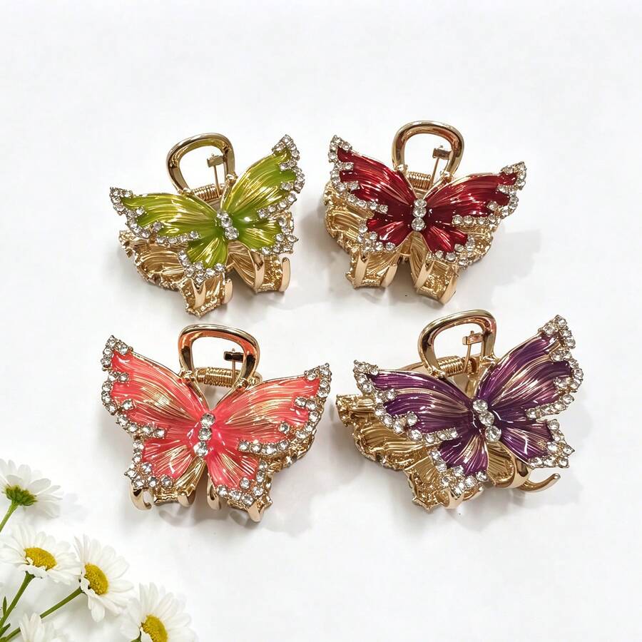 Butterfly Hair Clip, Gradient Enamel Rhinestone Gold Metal Hair Clip, Shiny Women And Girls Hair Clip, Strong Grip, Suitable For Thick/Fine Hair