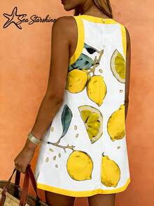 Sea Starshine Women's Bohemian Style Summer Beach Casual Vacation Comfortable Sleeveless Dress With Contrast Lemon Leaf Pattern White Elegant - White - View 5