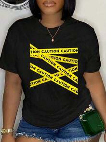 100% Cotton ATTENTION! Graphic Warning Tape Print T-Shirt, Unisex, Classic, Comfortable, Round Neck, Urban Vintage Style, Loose Fit, 100% Pure Cotton, Short Sleeve. - 黑色 - 查看 5