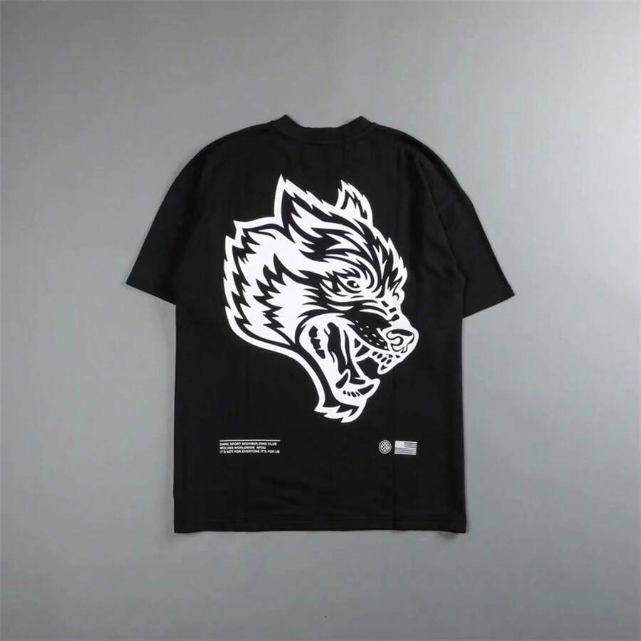 DARC Vintage Wolf Head Print Couple T-Shirt Pure Cotton Short Sleeve - Đen trắng - Xem 1