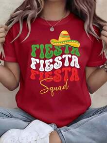 Women's Retro Graphic Oversized T-Shirt "Fiesta Squad," Cinco De Mayo Style, Crew Neck, Short Sleeve, Loose Fit, Mexican Streetwear For Summer Parties, Cinco De Mayo Celebrations, Everyday Wear, Gift For Her. Women's Cotton T-Shirt, Breathable And Sweat-Wicking, Summer Short Sleeve. - 紅色的 - 查看 6