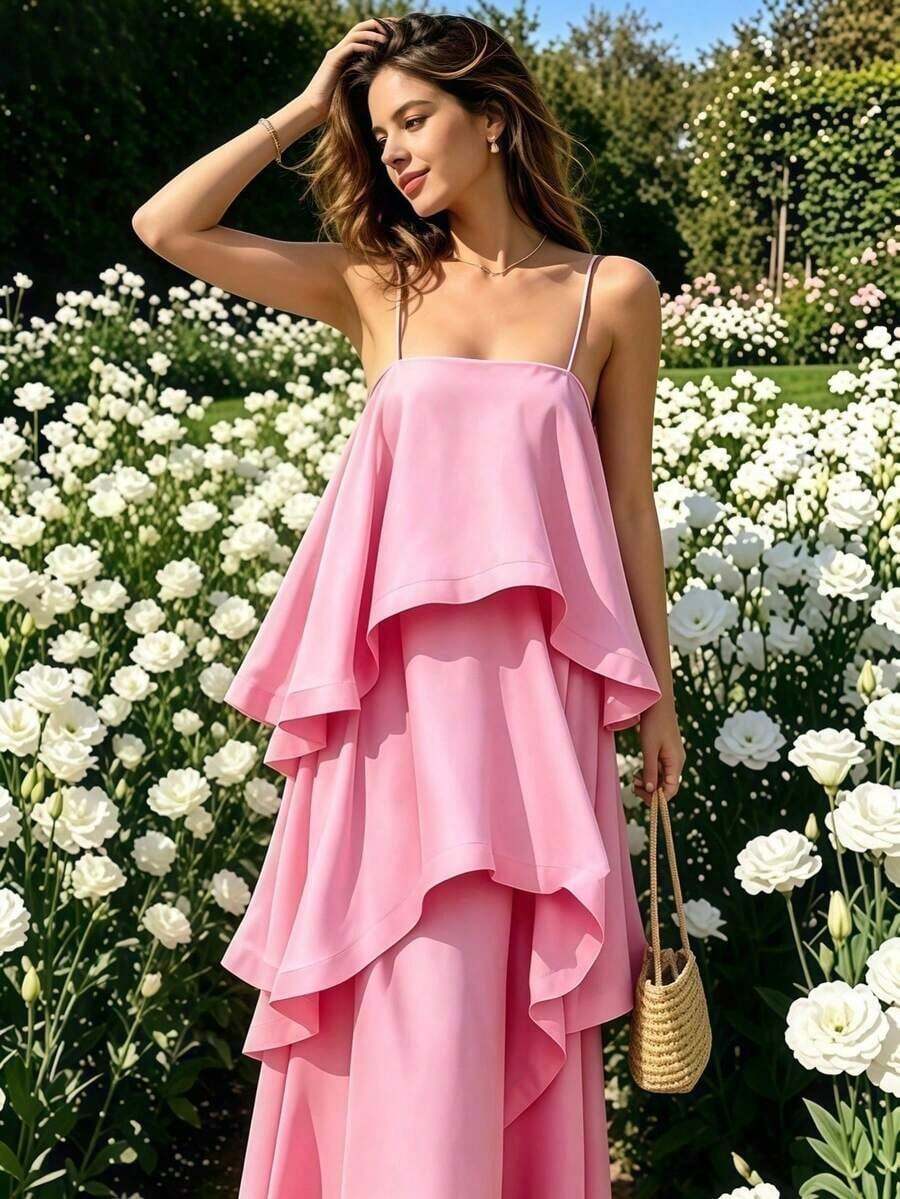 Elegant Women's Dress For Spring/Summer Holidays: Casual Satin Maxi Dress With Straps, Multi-Layered. - 軍綠色 - 查看 1