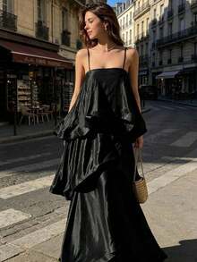 Elegante vestido de mujer para vacaciones de primavera/verano: maxivestido casual de tirantes en satén, de capas múltiples. - Blanco - Ver 4