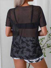 piezas Traje de baño tipo tankini de mujer para vacaciones de verano en la playa, con estampado tropical de palmeras y rayas, de manga corta - Blanco y Negro - Ver 2