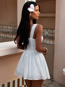 Women's Summer Mini Dress Stylish Solid Lace Trim Flower Embroidered Hollow Details Sleeveless V Neck A Line Dress - Blanco - Ver 2