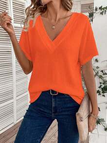 Camiseta de manga corta de uso diario versátil y casual con cuello en V para mujer - Naranja - Ver 1