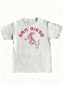 1pcs Vintage San Diego Tiger Graphic T-Shirt, Unisex Tee For Men Women, 100% Cotton Retro Funny Print Top, Summer Casual Daily Outfit - 白色 5 - 查看 14
