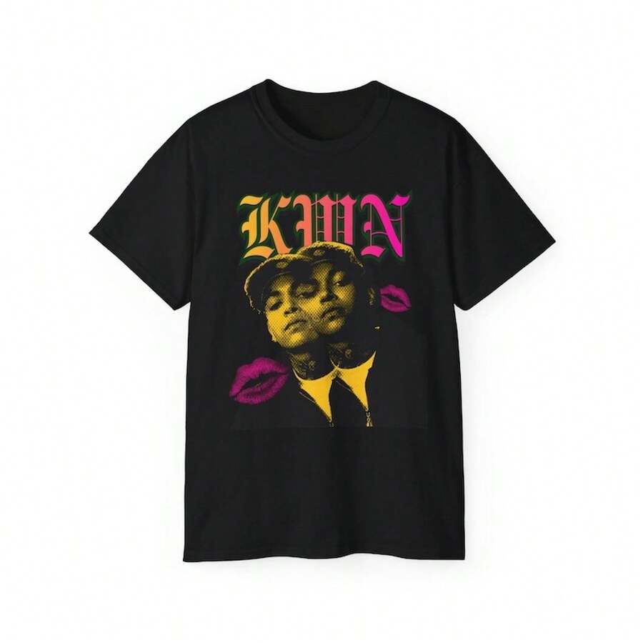 KWN-Inspired T-Shirt | Retro Lettering, Pop Art Faces - Black - View 1