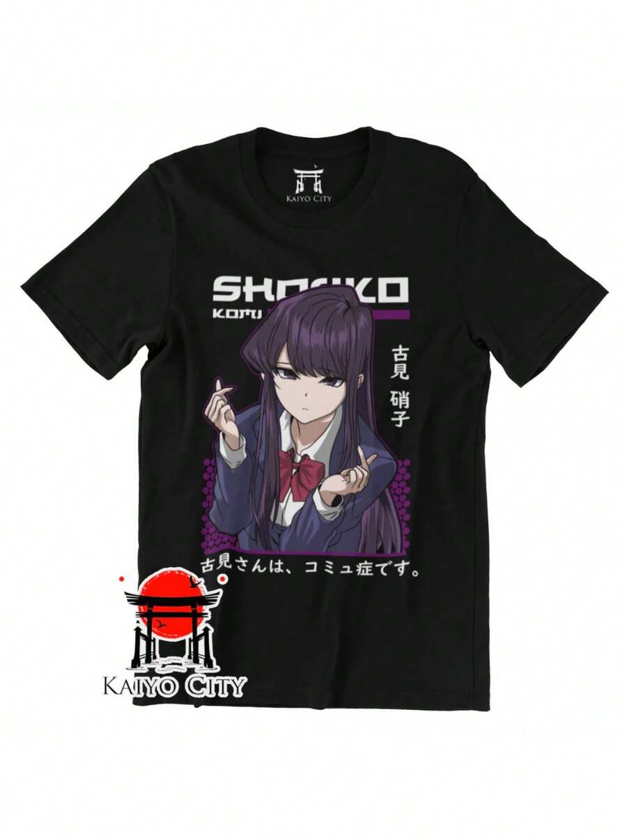 Playeras de mujer y blusas para mujer, camiseta con estampado de chica anime de cabello morado y estilo japonés, blusas casuales para dama perfecta para vestidos casuales para mujer y uso diario - Negro - Ver 1