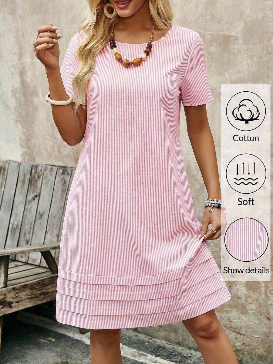 Vestido casual recto de unicolor, cuello redondo, manga corta para mujer, de verano - Rosa - Ver 1
