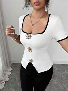 Blusa elegante y urbana de cuello cuadrado con decoración metálica de manga corta ajustada para mujer, adecuada para uso diario, bodas, galas, viajes, fiestas de graduación, vacaciones, citas, fiestas, Halloween, Navidad, Año Nuevo, Acción de Gracias, bodas - Blanco y Negro - Ver 4
