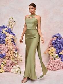 Belle Elegante vestido de dama de honor de novia ajustado con escote corazón y volantes, color verde romántico trenzado mate - Verde - Ver 7