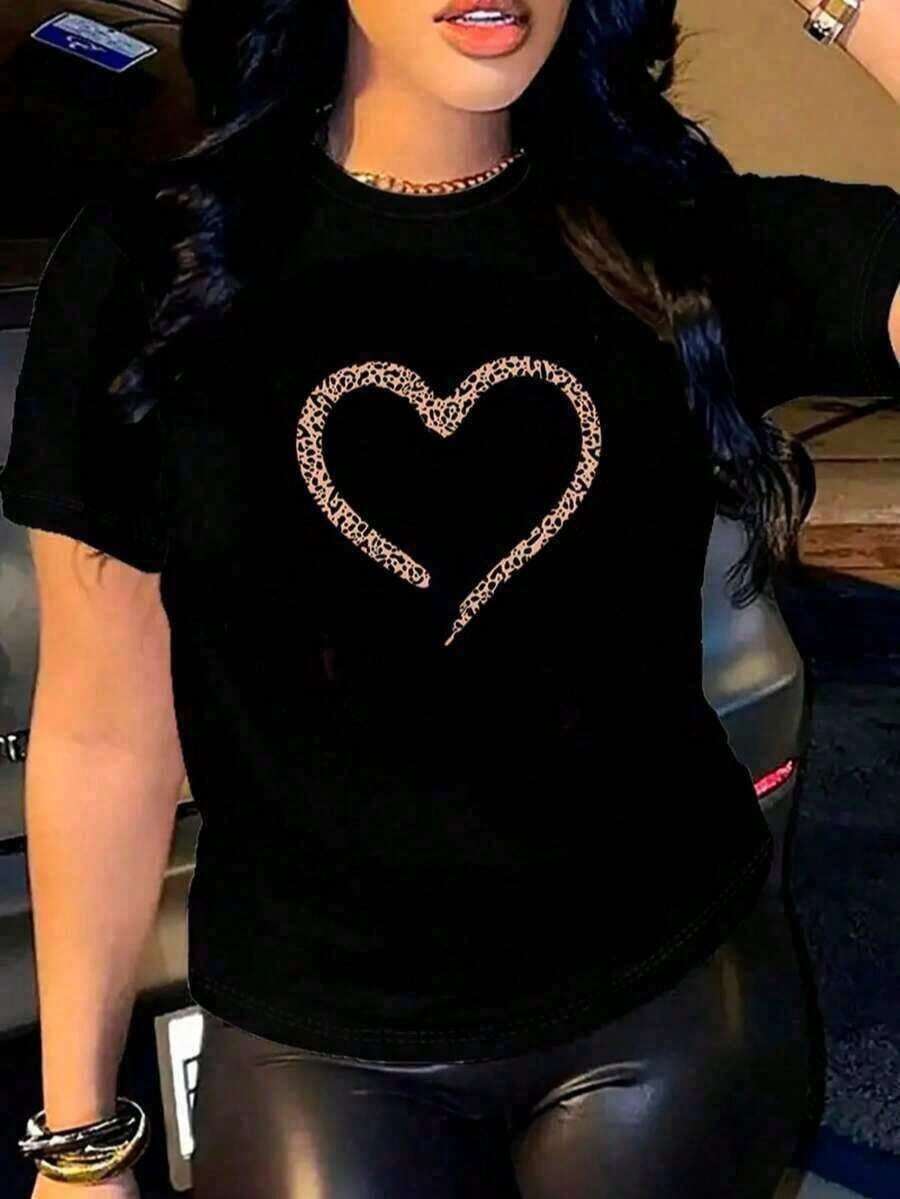 Soft 100%cottonSoft 100%cottonT-shirtPlayera con diseño de corazón, print de leopardo, estampada, colorida, casual, cuello redondo, manga corta, ideal para todos los días, llamativa, moderna, holgada, ideal para tíBreathable Cotton Tee, All Matchcoolcool - Negro - Ver 1