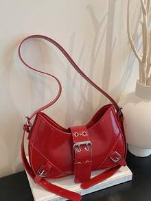 1pc White PU Leather Y2K Gothic Style Rivet Decor Shoulder Bag, Retro Fashion, Suitable For Daily Commute, Crescent-Shaped Tready Ladies Handbag - Red - View 6