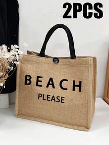 Lightweight , Casual Beach Letter Print Holiday Bag , Women's Stylish Canvas Tote With Zipper For Shopping For Teen Girls Women College Students Perfect for College , Outdoors , Travel , Outings - Khaki - View 7