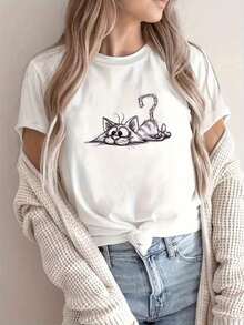 Camiseta de cuello redondo con estampado de gato de dibujos animados, camiseta casual de manga corta para primavera y verano, ropa de mujer - Atuendo para el Día de San Patricio - Conjuntos de verano para mujer - Tops de verano - Atuendos de vacaciones para mujer - Camiseta vintage de estilo callejero unisex de algodón suelto de manga corta y cuello redondo - blusas para mujer, playeras de mujer. blusas casuales para dama, - Blanco - Ver 6
