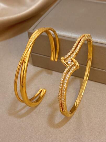 1Pc Double Strand Cross Knot Gold Bangle, Girl's Bangle, Designer Jewelry, High-End Luxury Jewelry, Gold-Plated Accessories, Suitable For Daily Wear, Parties, Vacation Season, Summer Accessories, Birthday Gifts, Mother's Day Gifts, Valentine's Day Gifts, Gifts For Girlfriend, Boho Jewelry