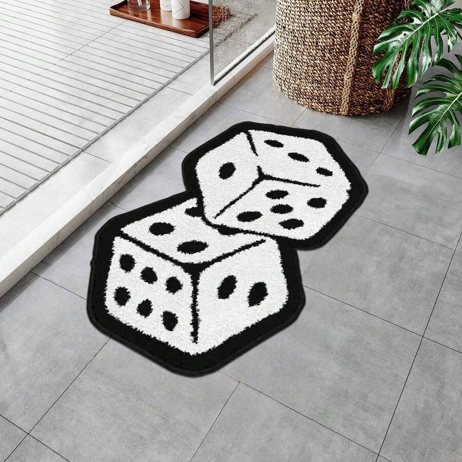 1pc Dice Pattern Personalized Bathroom Mat, Made Of Soft Faux Cashmere, Unique Aesthetic Vintage Area Rug, White Dice Design Suitable For Bathroom, Kitchen, Outdoor, Indoor, Hallway, Bedroom, Living Room, Machine Washable, Easy To Clean, Non-Slip Bottom, Suitable For Bedroom Decor, Bathroom Decor, Holiday Decor, Room Decor, Outdoor Decor - Dice - View 1