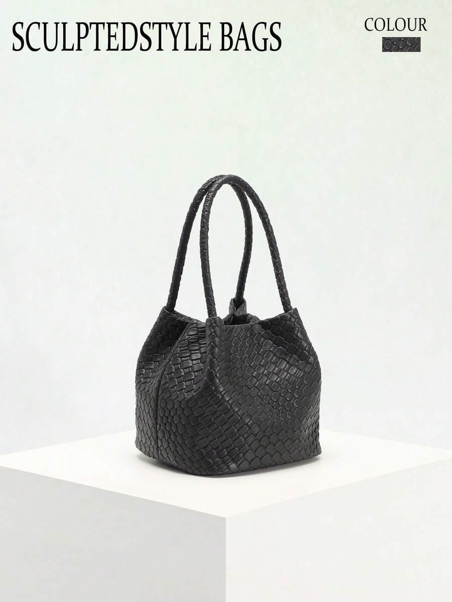 SCULPTEDSTYLE BAGS 1個裝高級女款純色PU壓紋編織格紋手提水桶包,百搭編織紋理翼形手提包,時尚簡約優雅多功能經典編織PU材質多風格包款,適合通勤、辦公、約會、日常購物、下午茶等場合 - 黑色 - 查看 1